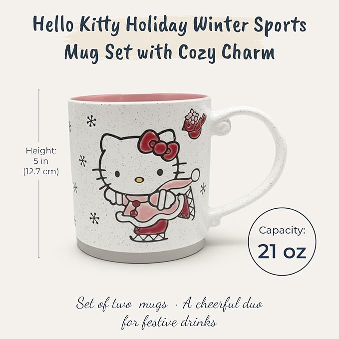 Blue Sky Clayworks Hello Kitty Holiday Winter Sports Mug Set of 2, Ceramic, 21 oz Each, Snowy Sled & Skate