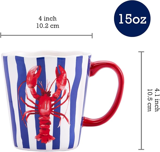 Bico Ocean Wonders Scalloped Ceramic Mug Set of 4, Christmas Coffee Mugs, 15oz Holiday Cups for Tea, Cocoa, or Hot Drinks, Microwave & Dishwasher Safe