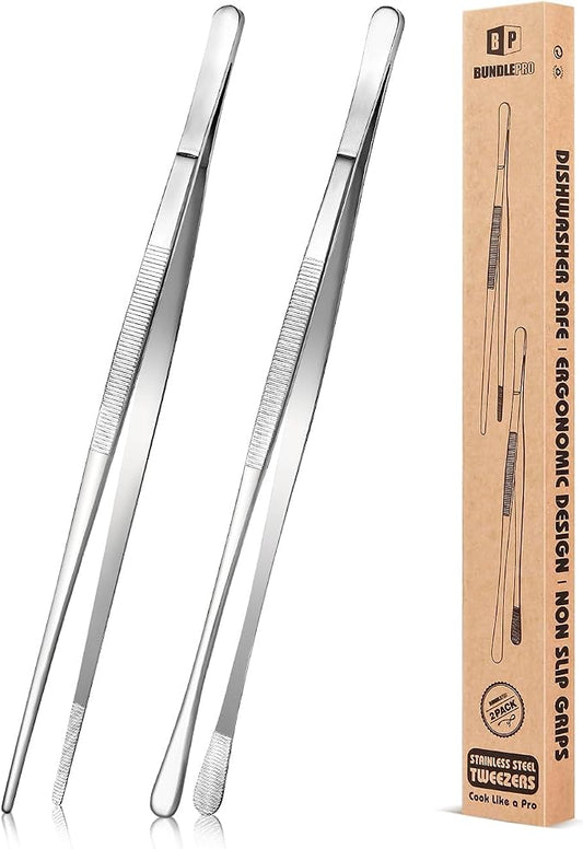 2 Pcs 10-Inch Kitchen Tweezers Fine Tweezer Tongs, Stainless Steel Professional Long Cooking Tweezers for BBQ, Sea Food, Repairing and Serving (SILVER)