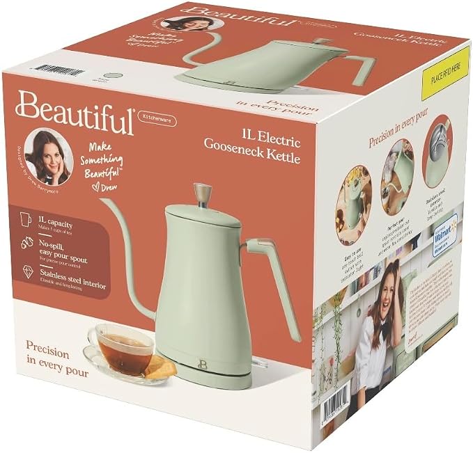 Beautiful Electric Gooseneck Kettle, 1 Liter, 1200W, Stainless Steel Interior, Fast Boil, Precision Pour Spout, Auto Shut-Off & Boil-Dry Protection (Green)
