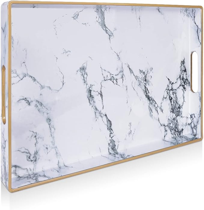 Gifturbo White Serving Tray, Marble Serving Trays with Handles,Rectangular Coffee Table Ottoman Tray Decorative Plastic Tray with Gold Rim for Living Room, Bathroom,Decor,15.7 x 10.2 x1.37 inches