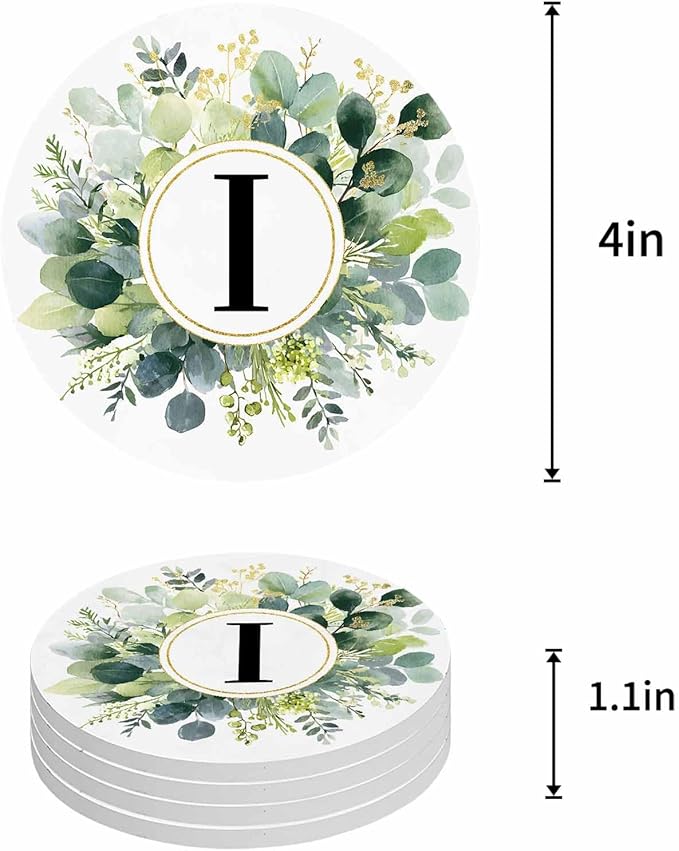 Coasters Set of 4 Letter I Drink Coasters with Holder Absorbent Stone Ceramic Cup Mat Alphabet Green Eucalyptus Leaves Coaster for Drinks Coffee Bar Office Kitchen Cafe Home Decor