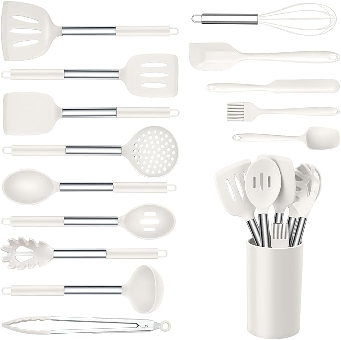 Onader Silicone Kitchen Utensils Set, 15pcs White Silicone Cooking Utensils Set with Holder, Includes Heat Resistant Spatula Turner Spoon Whisk Tong
