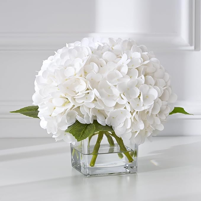 BLEUM CADE Luxury PU Fake Flowers in Vase with Faux Water, White Real Touch Hydrangea Artificial Flowers with Glass Vase for Office Home Dining Room Centerpiece Table Decorations