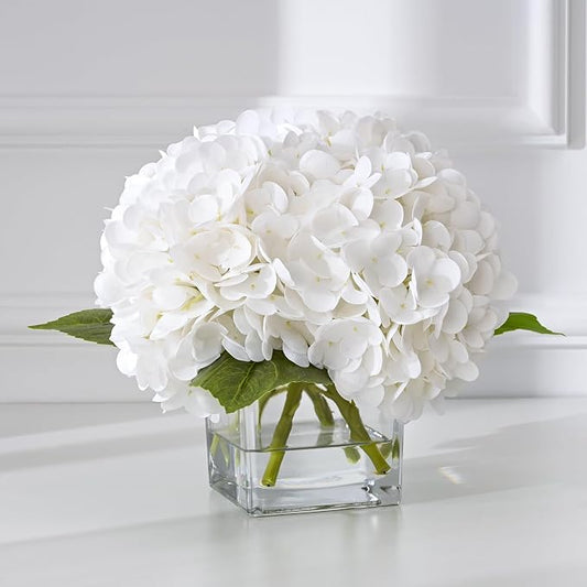 BLEUM CADE Luxury PU Fake Flowers in Vase with Faux Water, White Real Touch Hydrangea Artificial Flowers with Glass Vase for Office Home Dining Room Centerpiece Table Decorations