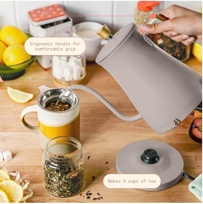 Beautiful Electric Gooseneck Kettle, 1 Liter, 1200W, Stainless Steel Interior, Fast Boil, Precision Pour Spout, Auto Shut-Off & Boil-Dry Protection (Beige)