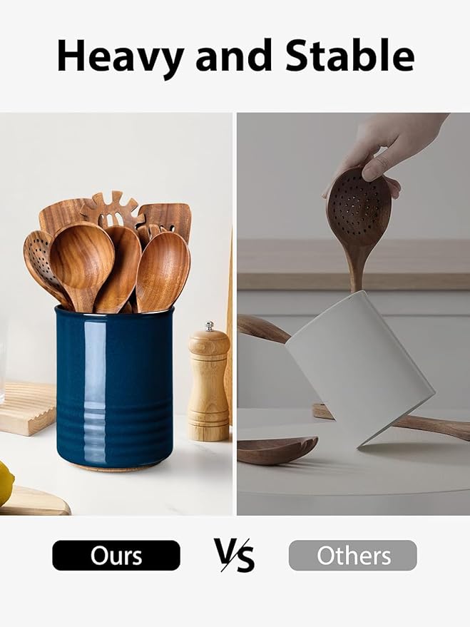 ABRUTY Utensil Holder, 6.7" Ceramic Kitchen Utensil Crock for Countertop Cooking, Modern Utensil Caddy Jar Organizer for Farmhouse Kitchen Counter Décor, Flambe Blue