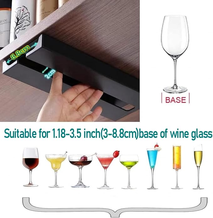 runruii Wine Glass Holder Under Shelf Cabinet Wine Glass Rack Plastic Stemware Rack Glassware Drying Storage Hanger for Kitchen,Bar and Restaurant (Black-2Pack)