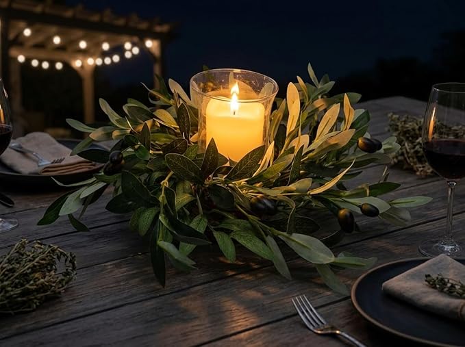 Svndlyn Artificial Olive Branch Candle Ring with Glass Hurricane, 14" Faux Greenery Wreath Centerpiece for Dining Table, Farmhouse Mantel Decor, Rustic Wedding & Year Round Arrangement