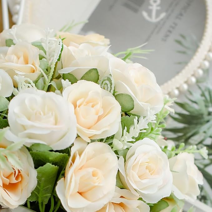 TKAS Fake Flowers Arrangement in Ceramic Vase, Artificial Faux Silk Roses, Small Realistic Dried-Style Floral, Dining Table Centerpiece for Wedding Party Home Decoration (Champagne White)