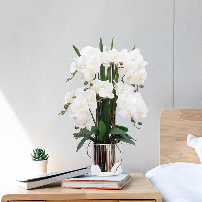 CXGS Artificial Orchid Flower Plants Real Touch Faux Orchids in Ceramic Vase 20.9'' White Phalaenopsis Orchid Fake Flower Arrangement Home Indoor Decor