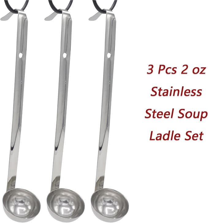 3-Pack Stainless Steel Soup Ladle Set with Hooked Long Handle 2 oz | 2 ounce serving capacity, sauce and gravy use, stew and soup serving, dishwasher safe build, comfortable hooked grip