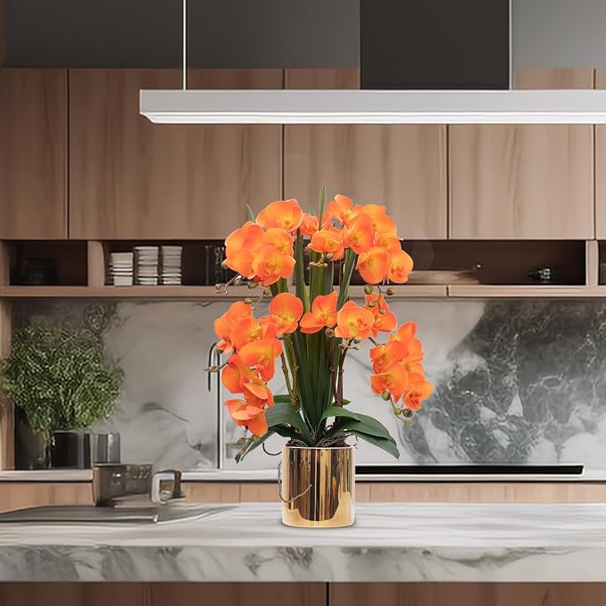 CXGS Artificial Orchid Flower Plants Real Touch Faux Orchids in Ceramic Vase 20.9'' Orange Phalaenopsis Orchid Fake Flower Arrangement Home Indoor Decor
