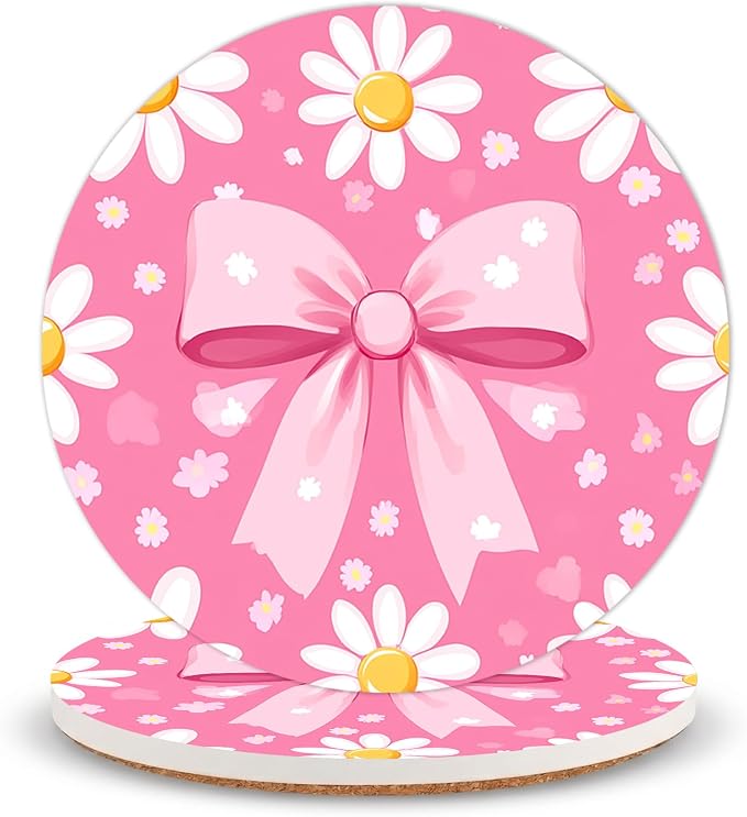 Daisy Bow Ceramic Coasters of 2 with Cork Backing Absorbent Cup Coaster | Non-Slip Coasters for Drinks and Coffee Table Office Desk Home Decor, Gifts for Daisy Lovers, Mom, Floral Fans