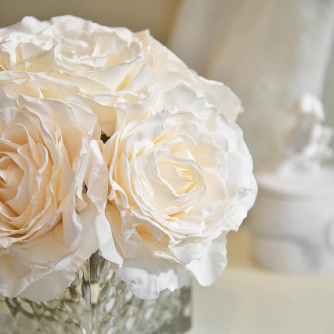 Artificial Rose in Glass Vase Vintage Silk Flower Arrangement with LED Light for Table Centerpiece Home Wedding Decoration (Cream)