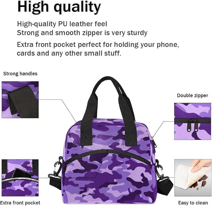 Purple Camouflage Insulated Lunch Bag for Women Men Reusable Lunch Box Cooler Bag Large Leakproof Lunch Tote with Adjustable Shoulder Strap for Adult Work Picnic Camping Beach Office