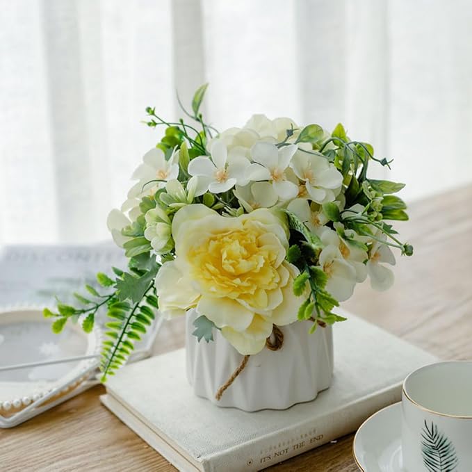TKAS Fake Flowers Arrangement in Ceramic Vase, Artificial Faux Silk Roses & Hydrangea, Small Realistic Dried-Style Floral Dining Table Centerpiece for Wedding Party Home Decoration (Yellow)