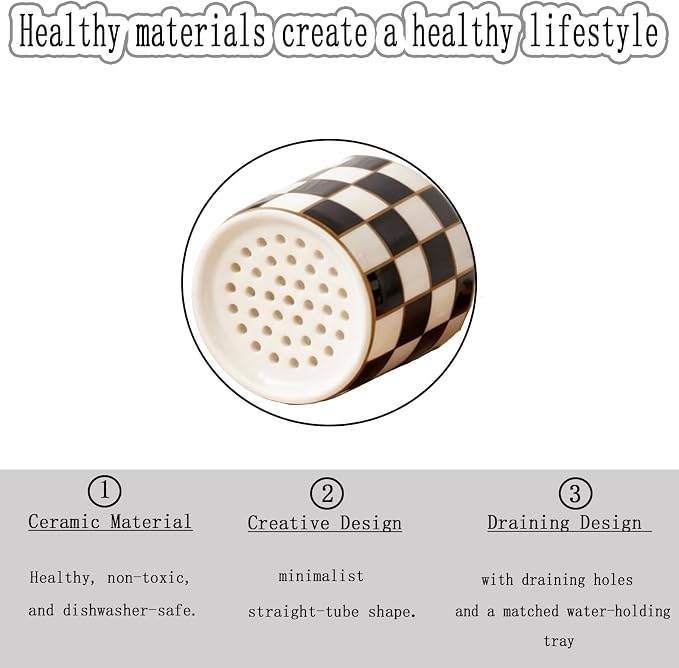 Multi-functional Ceramic Checkered Utensil Crocks, Black & White Grid Kitchen Utensil Storage, Bathroom Checkered Bathroom Toothbrush Holder, Flatware Organizer & Home Accessory (Black)