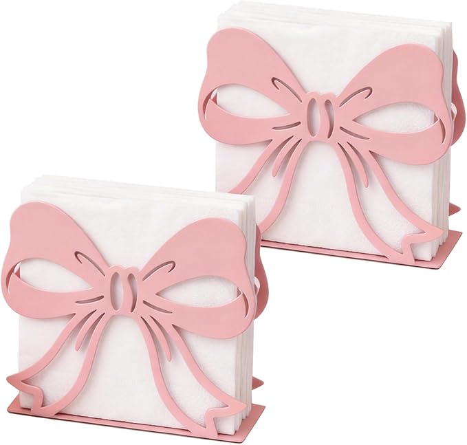 2Pack Pink Bow Napkin Holder for Table, Modern Metal Napkin Holders for Kitchen Dining Tables & Countertops, Paper Cocktail Napkins Holder Dispenser for Indoor & Outdoor Party