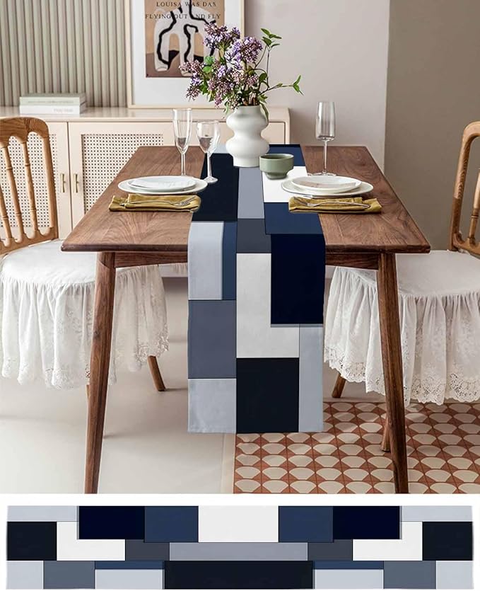 Modern Black White Table Runner 108 Inch Long Dresser Scarves Abstract Grey Blue Cotton Linen Tablerunners Patchwork Geometric Dining Kitchen Burlap Table Setting Decor for Party Holiday, 13"x108"
