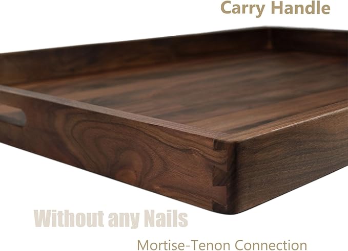 38 x 26 Inches Extra Large Rectangle Black Walnut Wood Ottoman Tray with Handles, Serve Tea, Coffee Classic Wooden Decorative Serving Tray