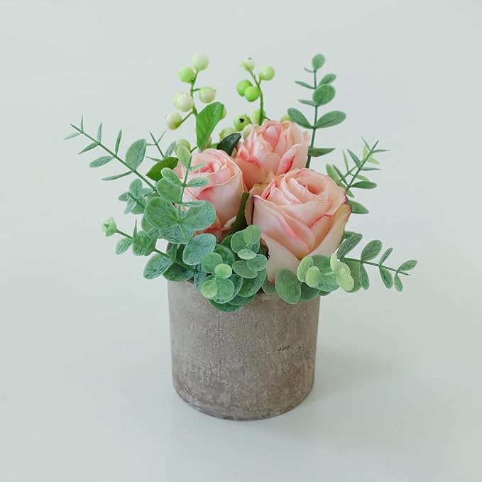 Small Artificial Burnt Pink Rose Potted Plant, 6" Fake Silk Flowers in 3" Cylindrical Pot, Mini Faux Floral Arrangement for Desk Shelf Bathroom Decor