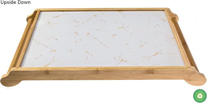 Large Serving Tray - Bamboo Wood Rectangle W/Round Handles - Great Coffee Table or Ottoman Platter Decorative Trays - Breakfast, Dinner, Eating Food in Bed, or Tea Tray W/Raised Edge 18x12 White