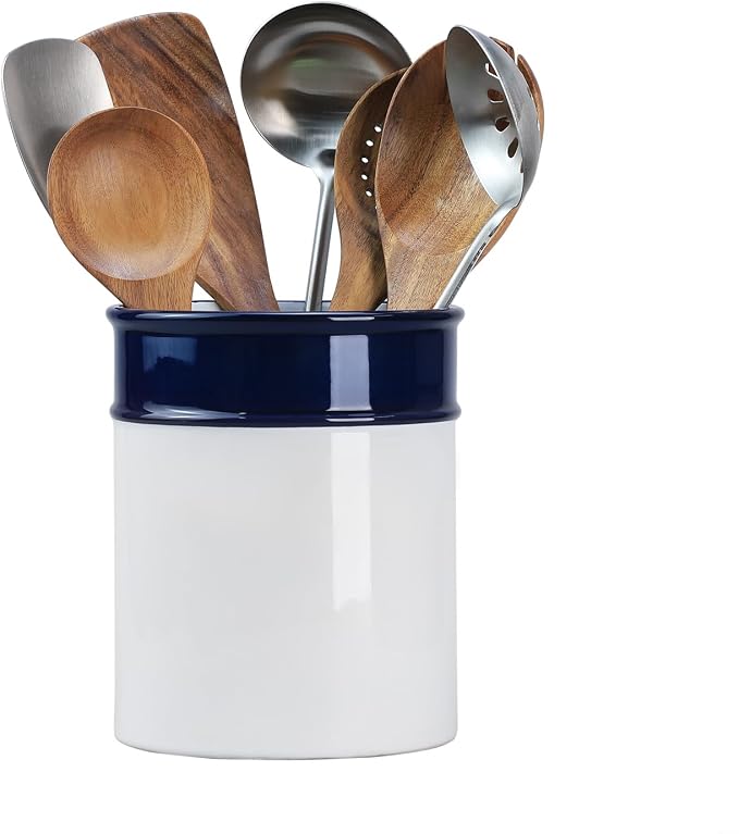 Ceramic Navy Blue Pattern Kitchen Utensil Holder, Large Cooking Utensil Crocks for Kitchen Countertop, Simple Style Utensil Organizer
