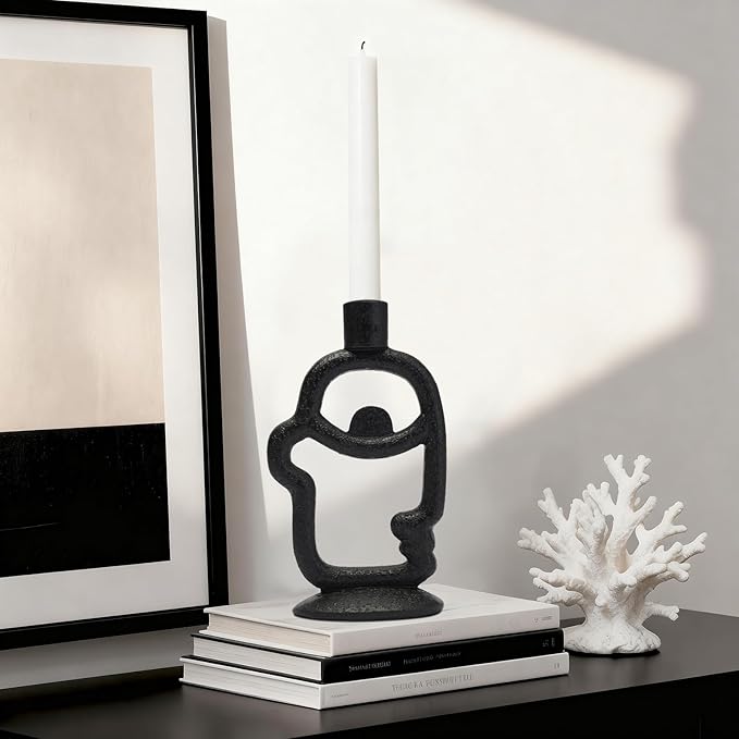 Face Decorative Taper Candle Holder - Modern Abstract Creative Face Candlestick Holder for Table Centerpiece, Black Medium Candle Sticks Holder Decor for Home Dinning Party Birthday Housewarming Gifts