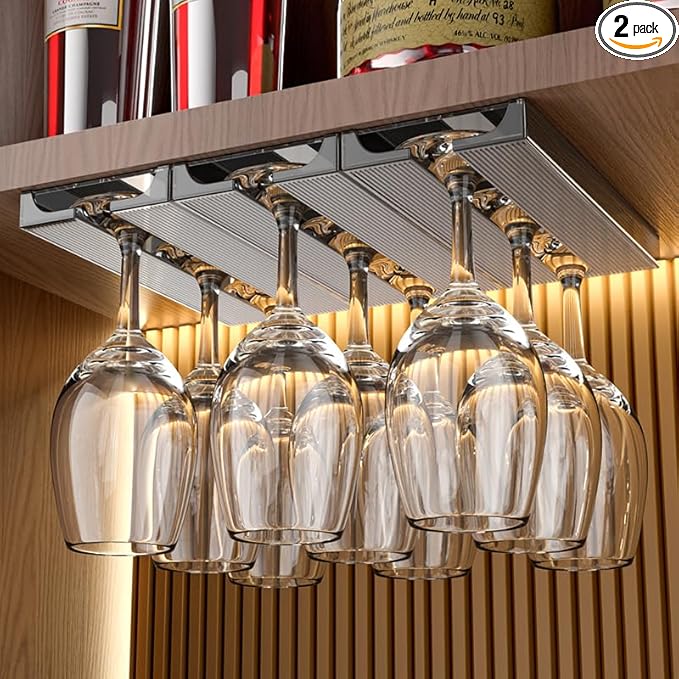 Wine Glass Holder, 2 Pack, Translucent Plastic, Under Cabinet Storage Rack for Kitchen and Bar (Grey)