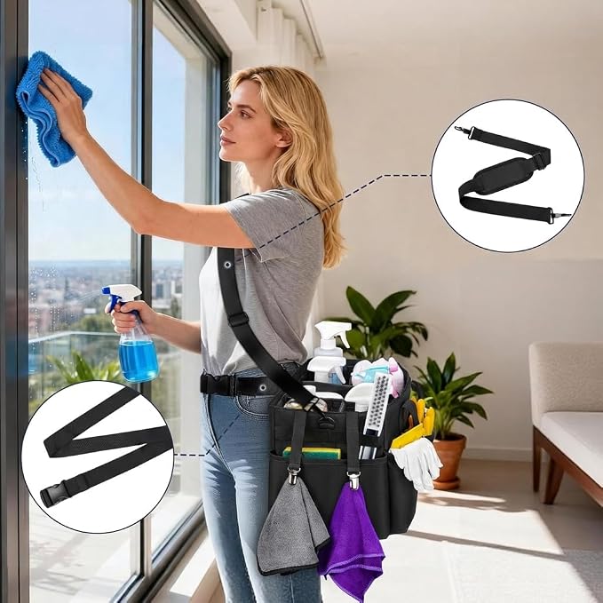 Ytonet Wearable Cleaning Caddy Bag, Large Cleaning Supplies Organizer with 4 Foldable Dividers, Caddy Organizer with Handle & Shoulder Strap & Waist Strap for Cleaners & Housekeepers, Black Grey