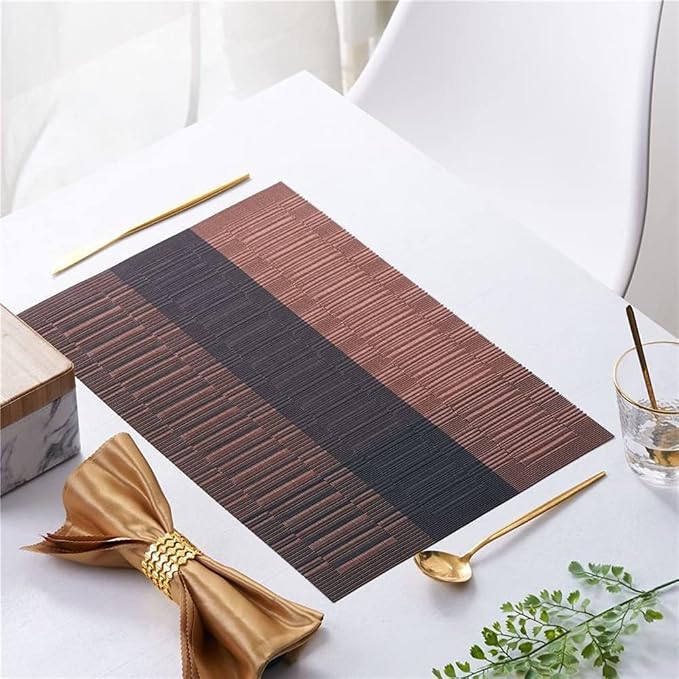 Placemats, Washable PVC Table Mats, Woven Vinyl Placemat for Dining Table Place Mats Set (6 placemats and 1 Table Runner, Black and Brown)