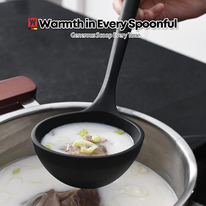 Cooking Ladle: Silicone Kitchen Utensil with Long Wooden Handles, Heat Resistant Cookware, Protects Surfaces with Gentle Head Design, Portion Batter, Professional Chef Wok Soup Ladle
