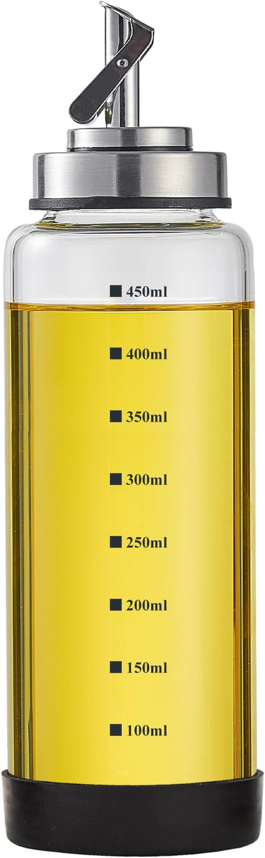 Verdental 15 oz Glass Olive Oil Dispenser Bottle for Kitchen Stainless Steel Cruet Pourer Spout for Oil Vinegar Coffee Syrup Soy Sauce Other Liquids with Non-slip Silicone Ring and Labels (450ml)