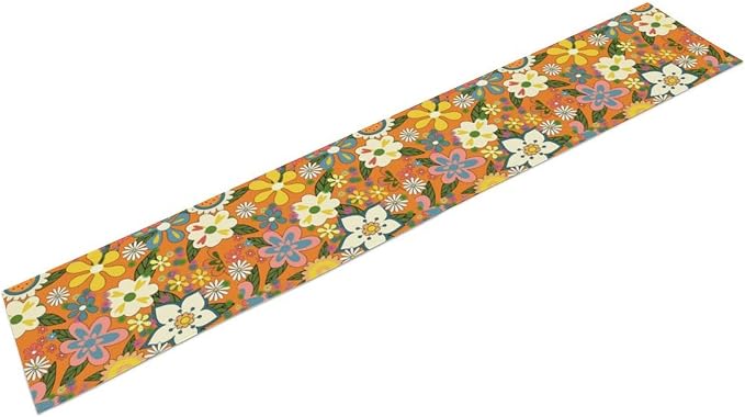 Retro Floral Table Runner,Vintage 70s Hippie Summer Groovy Daisy Flower Table Runner for Home Kitchen Dining Table Party Holiday Decor 13"x90"