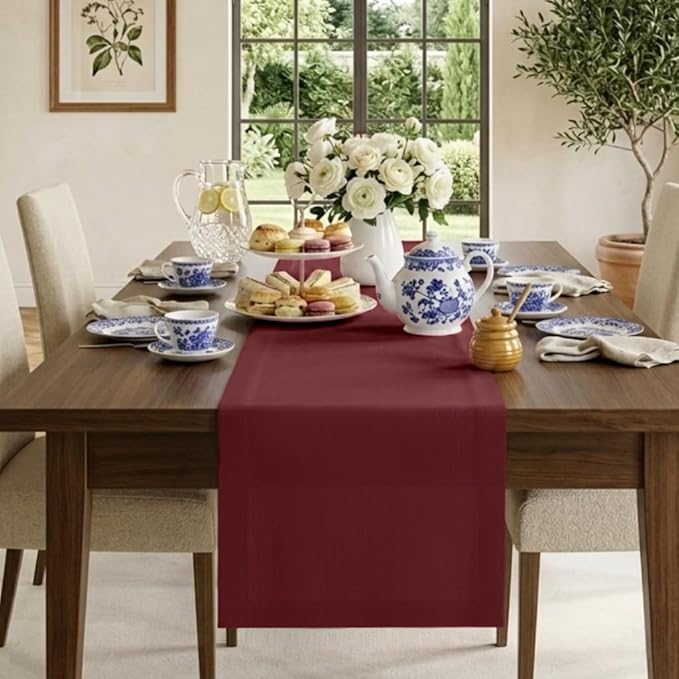 Classic Linen™ by D'Moksha Red Garnet Table Runner 132 Inches Long, 100% Pure Linen, Extra Long Table Runner, 14 x 132 Inch for Dining- Summer, Father's Day