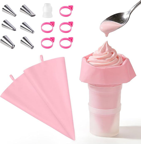 Piping Bag Holder Stand, Clear Cream Icing Bag Holder with 2 Pack 14 Inch Reusable Piping Bags, 5Pcs Pastry Bag Ties, 1 Couplers and 6 Tip for Home Bakers & Professional Chefs