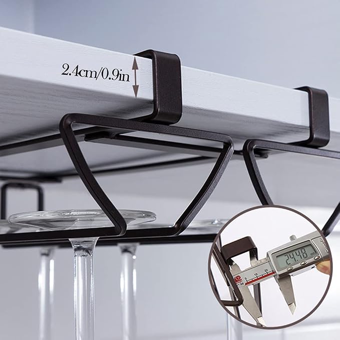 Hanging Wine Glass Holder Rack with 2 Rows, Nails-Free Under Cabinet Stemware Rack, Holds up to 8 Glasses, Glasses Storage Hanger for Home Kitchen Décor-Iron