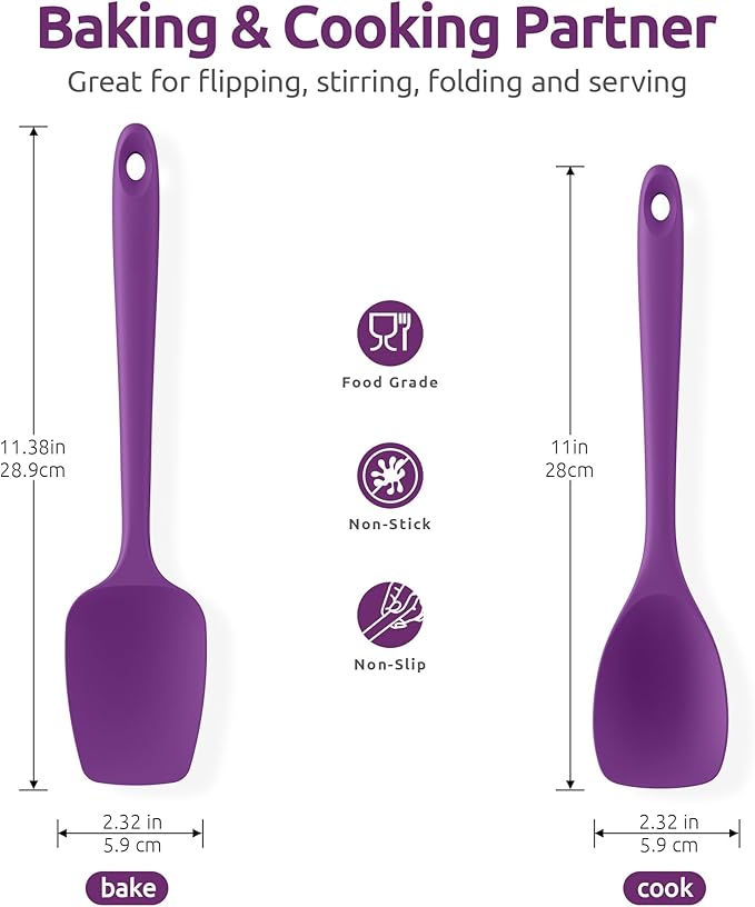 600ºF Heat Resistant Silicone Spoons: U-Taste Flexible Baking Spoon Spatula & Cooking Scoop Spoonula, Seamless Soft Kitchen Utensils for Serving, Scraping, Scooping in Non-Stick Cookware (Purple)
