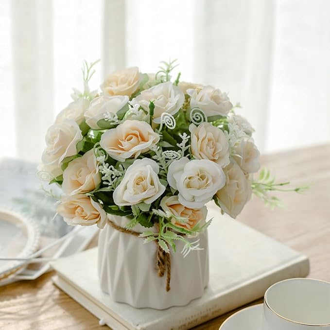 TKAS Fake Flowers Arrangement in Ceramic Vase, Artificial Faux Silk Roses, Small Realistic Dried-Style Floral, Dining Table Centerpiece for Wedding Party Home Decoration (Champagne White)