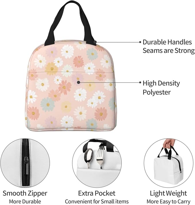 Insulated Lunch Bag Pastel Daisy Flower Pattern, Leakproof Lunch Tote for Work School, Reusable Lunch Box Cooler for Adults Students, Compact Lunch Bag for Office College Picnic