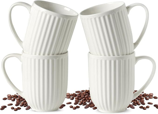 HASENSE Textured Coffee Mugs Set of 4, 16 Oz Ribbed Ceramic Cups with Large Handle for Latte Tea Cappuccino, Stackable Embossed Mug Set for Mom Dad, Microwave Dishwasher Safe, Creamy White