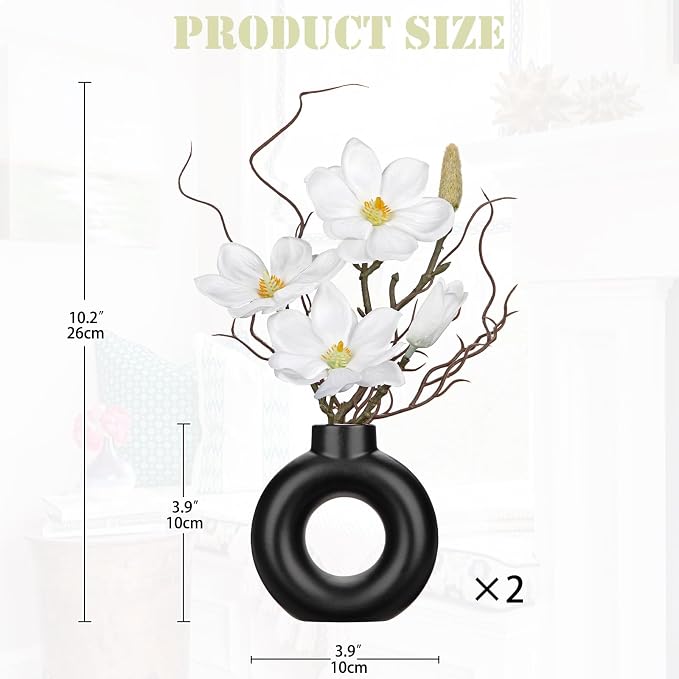 Briful 2PCS Magnolia Artificial Flowers with Black Vase White Magnolia Floral Arrangement Faux Potted Silk Flowers for Home Office Bathroom Kitchen Shelf Table Centerpiece Modern Decor
