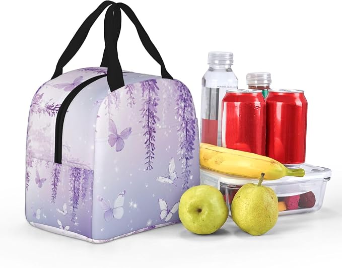 Lunch Bag Lavender Butterfly Light Purple Flower Insulated Lunch Box Reusable Cooler Tote for Adults Student Girl Boy Work Office School Picnic Over 3 Years Old