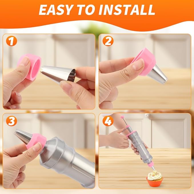 Dessert Decorating Syring-e Set,Frosting Piping Kit,Stainless Steels Cake Decora ting Kit with 6 Pipings Tips & 12 silicone cupcakes,Cupcake Decorating Kit Piping Bags and Tips Set