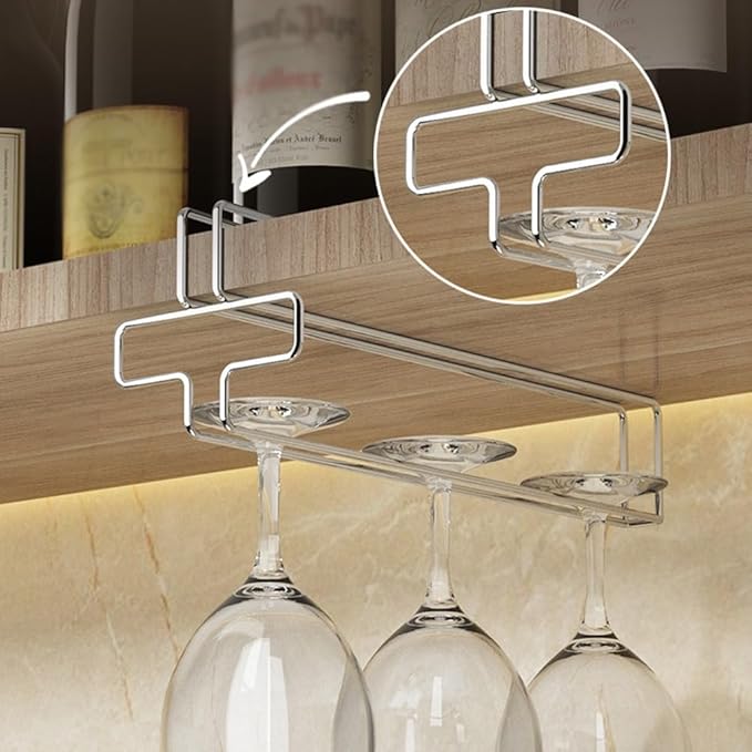 Wine Glass Rack Under Cabinet, Wine Glass Holder Hanging Under Shelf, Stemware Storage Hanger Organizer for Kitchen Bar(3 Pack)