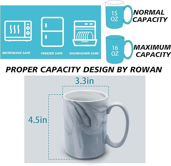 Coffee Mugs Set of 4,16 OZ Large Tea Cups, Grey Marble Ceramic with Big Handle,Bulk Marble Diner Mugs Set for Latte, Beer,Cappuccino,Microwave Dishwasher Safe Cup for Men Women Gift