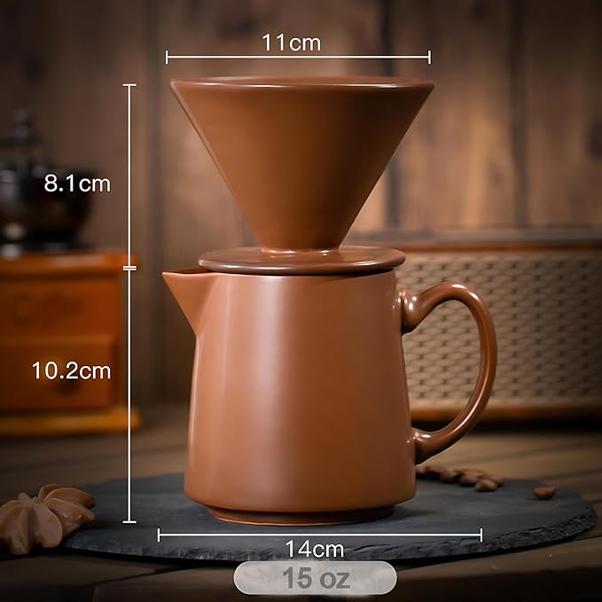 Ceramic Pour Over Coffee Dripper Vintage, Pour Over Coffee Maker Set, Filter Cup, Coffee Brewer Cone Filter, V60 Dripper & Decanter set, for Home Café Restaurant, 1-2 Cup (Brown)