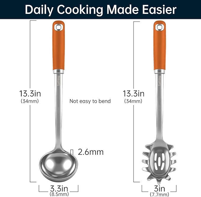 Safring Stainless Steel Soup Ladle and Spaghetti Spoon Set, Heat Resistant Rubber Handle, Dishwasher Safe, Kitchen Utensils for Cooking, Stirring, Serving Pasta, Soup & Sauce (Orange)