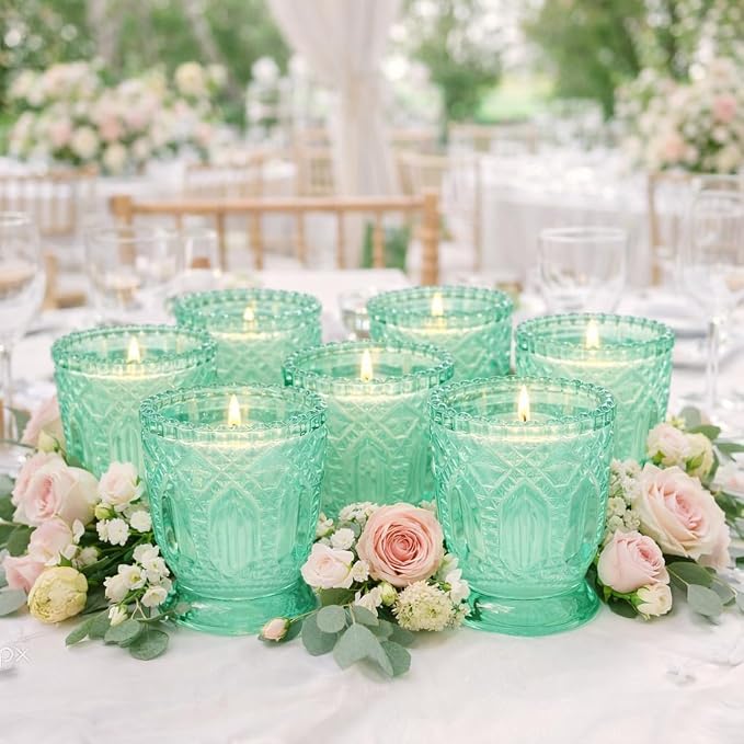 Koyal Wholesale Vintage Glass Candle Holder - Mint Green Tea Light Candle Holders - Mint Green Party Decor, Kitchen Decor, Weddings & Birthdays Easter Decorations for Table - 3 X 2.75 (Pack of 6)